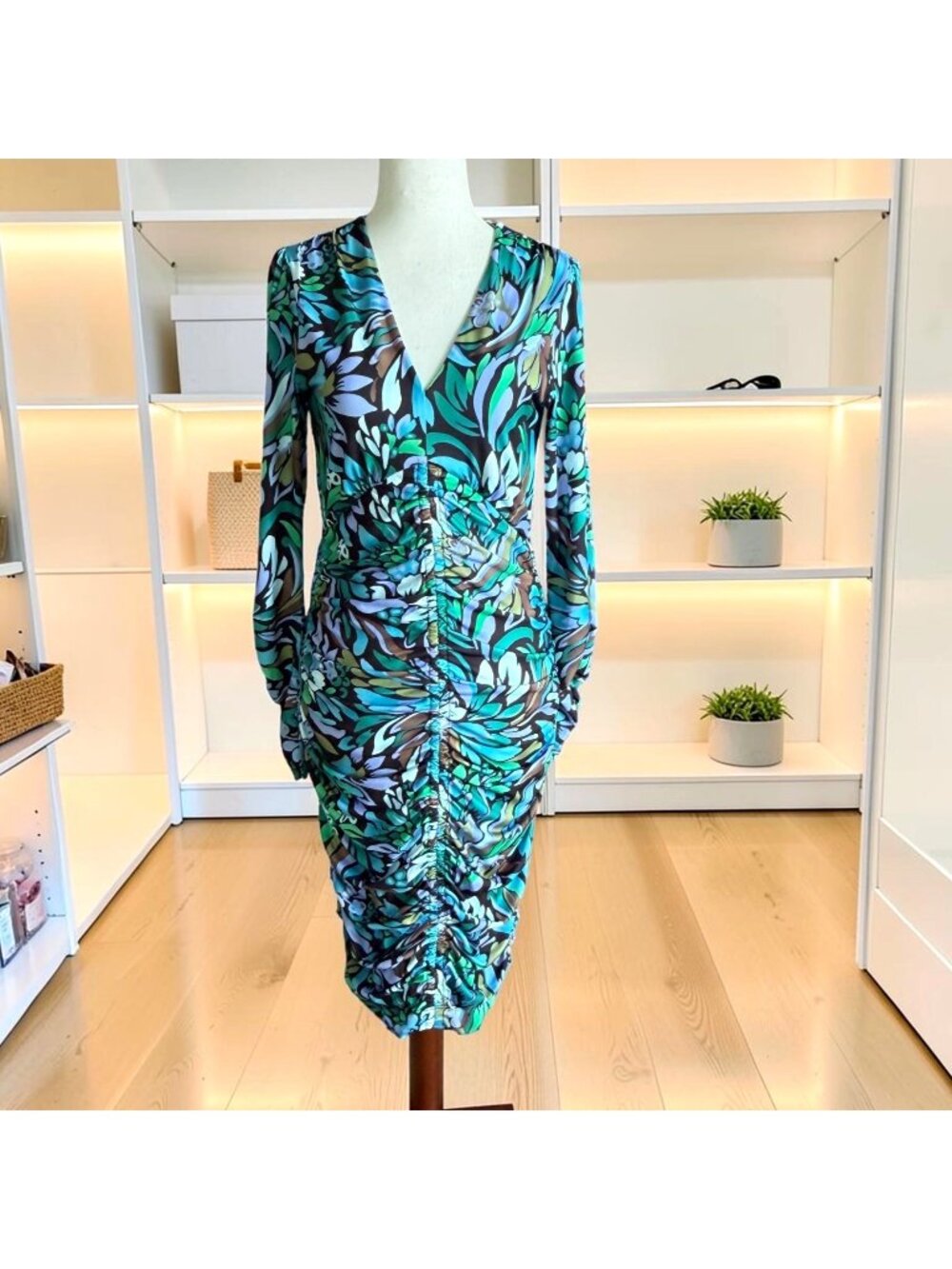 Hale Bob Eve Shirred Jersey Bodycon Vneck Long Sleeve Dress Small Abstract Print